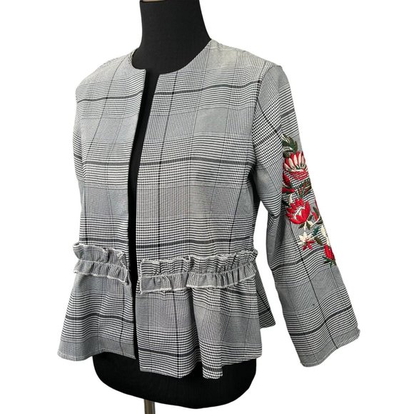 Mulaya Open Front Blazer Jacket M Black Plaid Peplum Embroidered Floral Sleeves - Picture 2 of 10